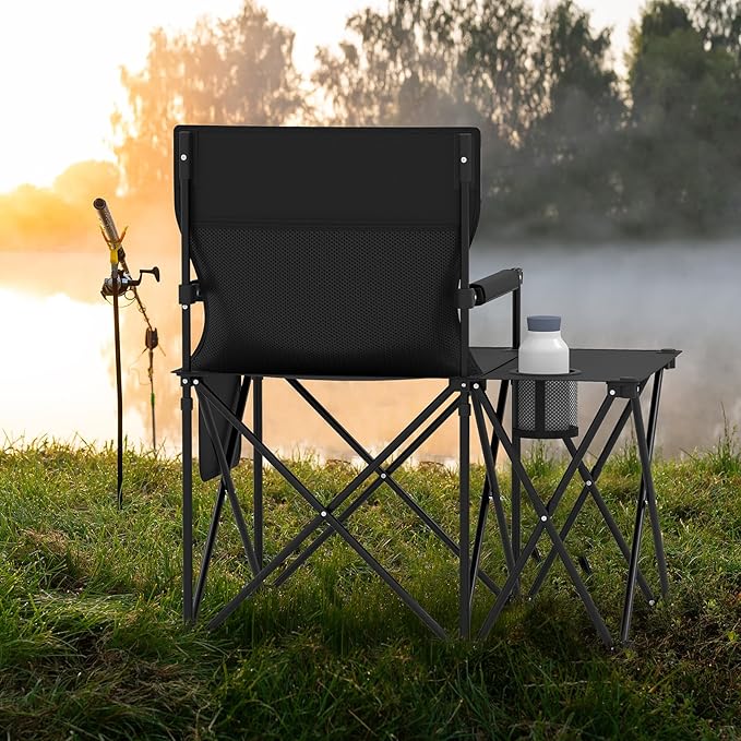 Goplus Oversized Camping Chair with Side Table Folding Heavy-Duty Picnic Chair w/ 2 Storage Pockets Cup Holder Padded Armrests Carrying Bag Portable Outdoor Chair for Fishing RV Trip (Black1)