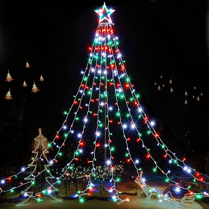 BlcTec Outdoor Christmas Lights 344 LED Christmas Star Lights with 9 Strands 11.9ft Waterfall Tree Lights 8 Modes Waterproof &amp Timer for Garden Yard Patio Outdoor Xmas DecorationsRed Green Whit