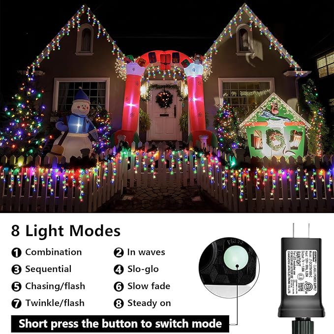 QITONG Multicolor Icicle Lights for Outside 33ft 400 LED String Lights Indoor Clear Wire Connectable Icicle Christmas Lights Plug in with 8 Modes