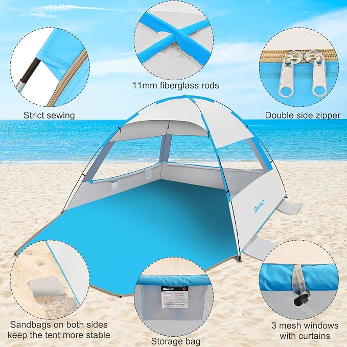 Gorich Beach Tent Sun Shelter for 3/4/6/8/10 Person with UPF 50＋ UV Protection Lightweight &amp Easy Setup Beach Shade Canopy Portable Beach Shade Tent Beach Cabana