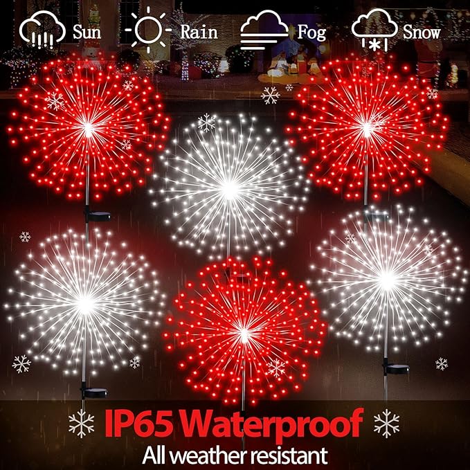 6 Pcs Solar Firework Stake Lights 180 LED 8 Modes Solar Waterproof LED Sparkler Lights Outdoor Decoration for Wedding Mother's Day Garden Patio Yard Pathway Walkway Lawn (Red White)