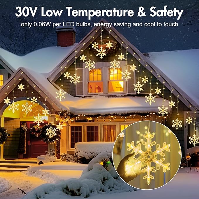 Minetom Christmas Snowflake Lights - 13ft 192LED Snowflake Icicle Lights with 16 Drops 12 Modes and Timer IP65 Waterproof Connectable Christmas Light for House Eave Indoor Outdoor (Warm White)