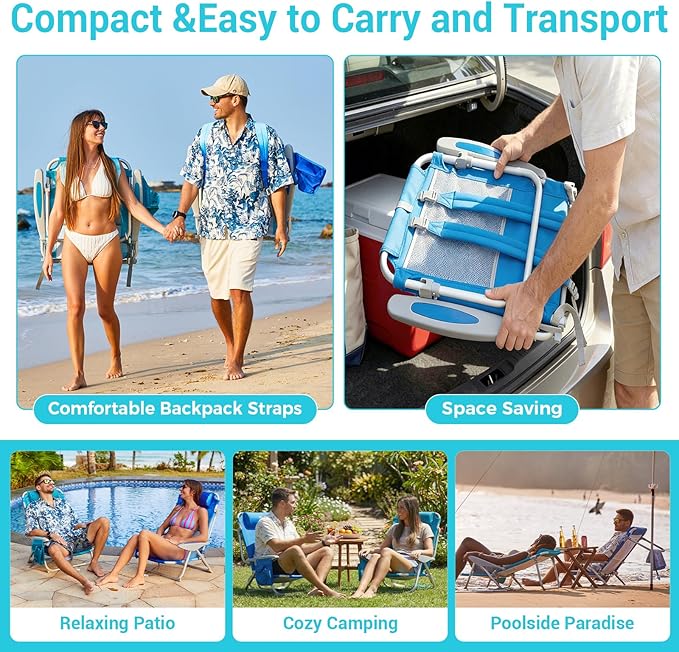 #WEJOY Beach Chair for Adults Reclining Adjustable PositionLay Flat Lightweight Folding Portable Aluminum Chair with Backpack StrapsPadded headrest Heavy Duty 400 lbs Lawn Chair for Beach 2 Pack