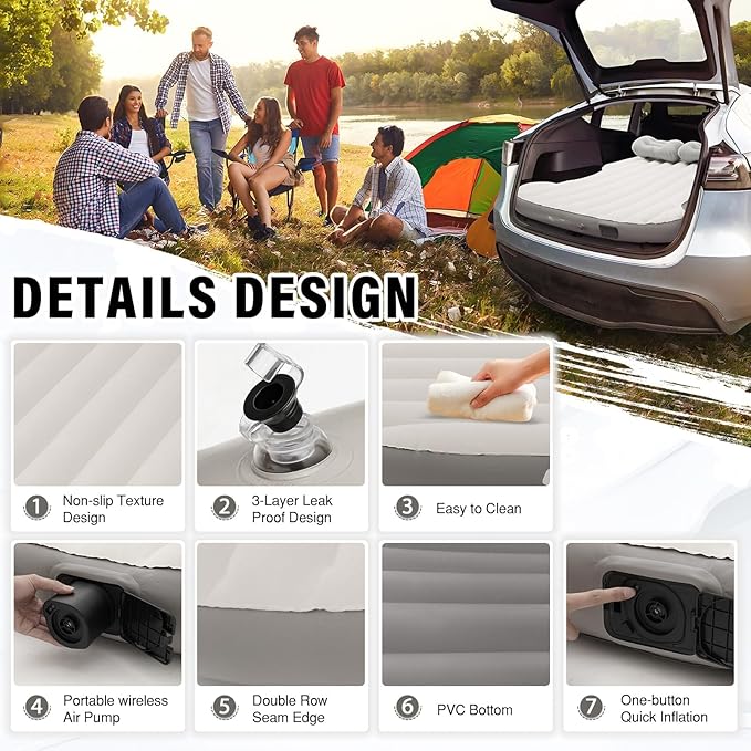 Shademax Self-Inflating Car Air Mattress for Model Y 2025 2024-2020 / Model Y Juniper 2026 Accessories Outdoor Camping Air Bed with 2 Pillows Built-in Pump Air Couch Flocking Air Cushion (Beige&ampGr