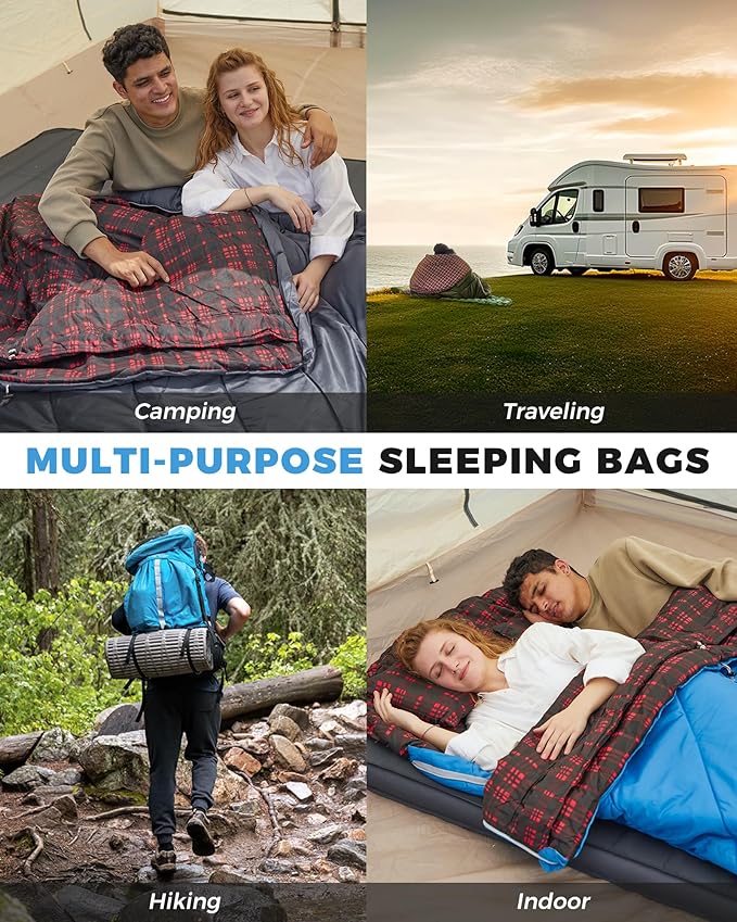 KingCamp Double Sleeping Bag for Adults Queen Size 2 Person XXL Flannel Sleeping Bag Waterproof Lightweight Flannel Quilt with 2 Pillows Perfect for Couples Family Camping Hiking