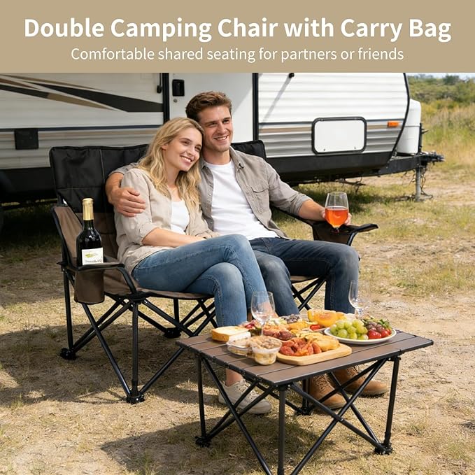 Double Folding Loveseat Camp Chair for Adults - 46.5 in Low-Profile Outdoor Camping Couch with Cup Holders Two People Heavy Duty Folding Couch Portable Loveseat for Camping Patio Lawn and Picnic