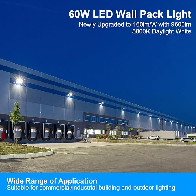 60W LED Wall Pack Light with Dusk to Dawn Photocell9600LM 5000K DaylightAC100-277V Input400W HPS/HID Replacement WarehousesIndustrialBuilding PerimetersGarden GarageETL Listed