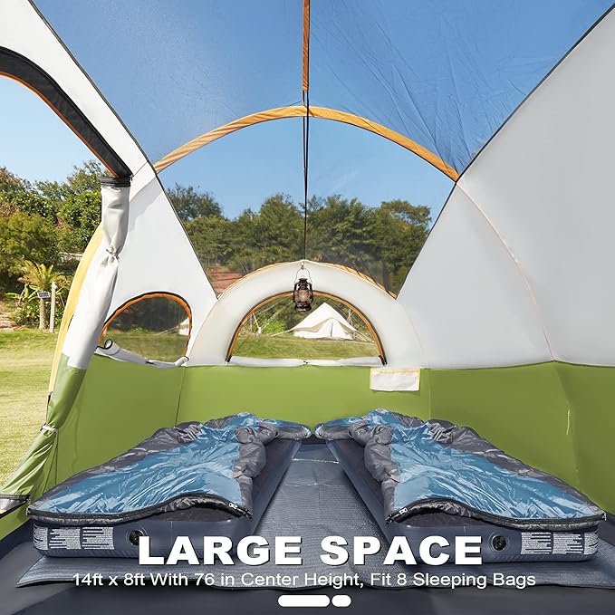 8 Person Tent for Camping Waterproof Windproof Family Tent with Rainfly Divided Curtain Design for Privacy Space Portable with Carry Bag