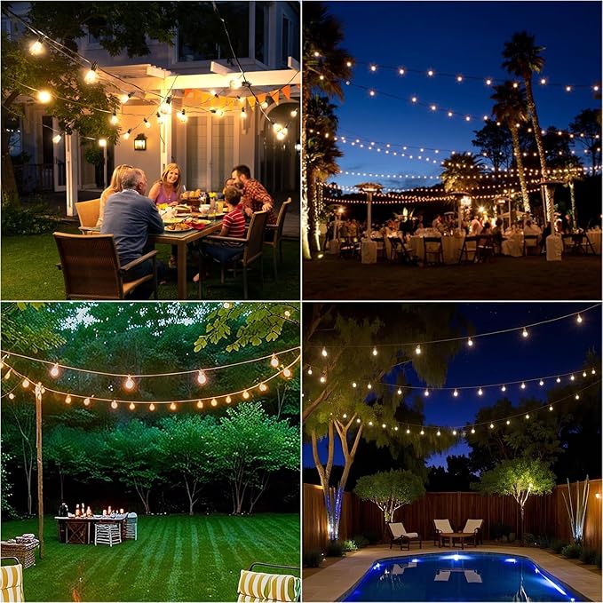 50FT Solar String Lights Outdoor with Remote IP65 Waterproof Shatterproof ST38 LED Bulbs 2700K Dimmable Outside Hanging Lights for Patio Garden Camping Deck Backyard Decor