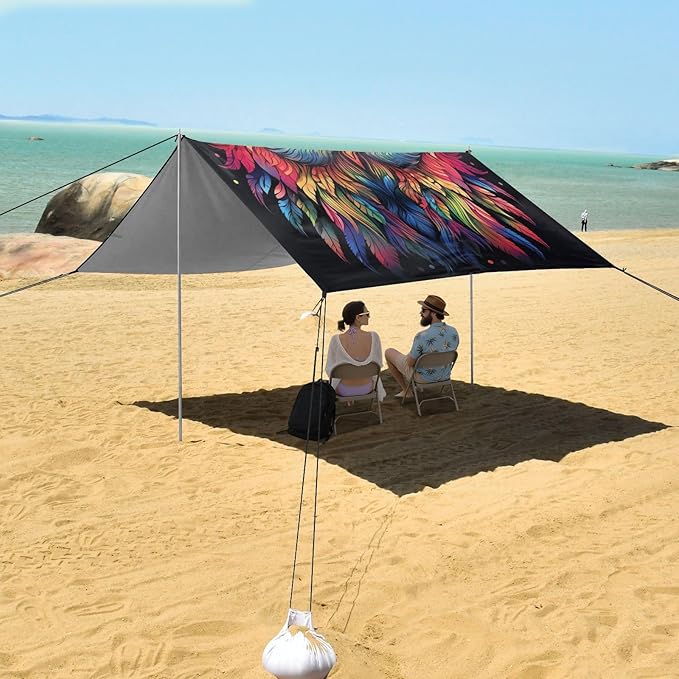 ALAZA Rainbow Owl Print Boho Beach Tent Sun Shelter UPF50+ Protection Beach Shade Canopy w/ 4 Sandbags for Outdoor Camping Fishing Backyard Fun Picnic 10x9 ft