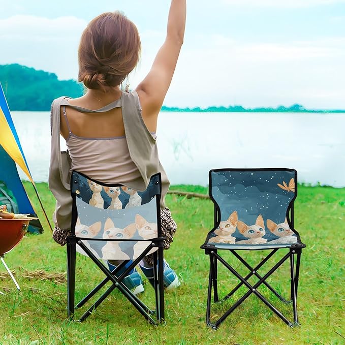 KLL Cartoon Devon Rex Cats Folding Camp Chairs Ultra-Lightweight Folding Chair Includes Carry Bag Fishing Chair for Outdoor Ice Fishing