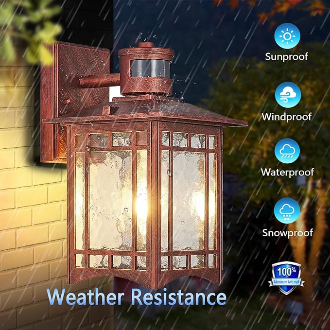2 Pack Red Rustic Outdoor Wall Porch Lights - Motion Sensor Dusk to Dawn Waterproof Anti-rust Tempered Glass 8x6x12 inches