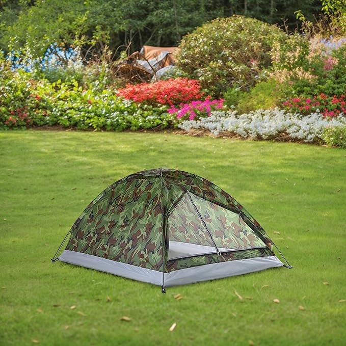 Outdoor Double-door Tent Ultralight Camping Tent Camouflage Hiking Shelter With Sun Protection And Breathable Mesh Roof Design Includes Rain Cover Backpack Poles And Stakes(1 person)