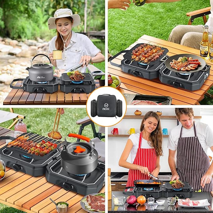 Nice C Camping Stove Portable Camping Stove Propane 2 Burner Propane Gas Stove Mini Propane Grill 16000 BTU Camp Stove with 2 Burner Grill &amp Carry Bag for Camping