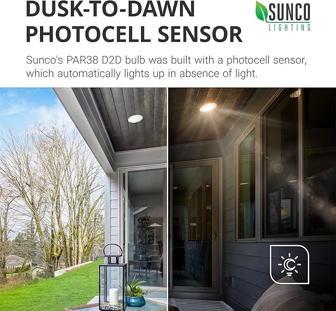 Sunco Dusk to Dawn Flood Lights Outdoor Waterproof PAR38 LED Bulb 120W Equivalent 15W Exterior Wet-Rated 5000K Daylight 1250 LM E26 Base UL 4 Pack