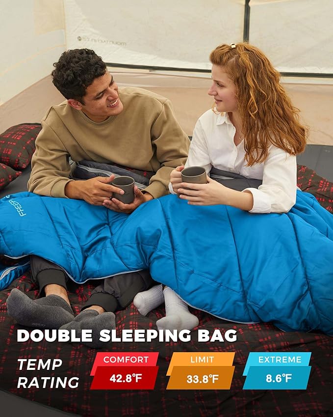 KingCamp Double Sleeping Bag for Adults Queen Size 2 Person XXL Flannel Sleeping Bag Waterproof Lightweight Flannel Quilt with 2 Pillows Perfect for Couples Family Camping Hiking