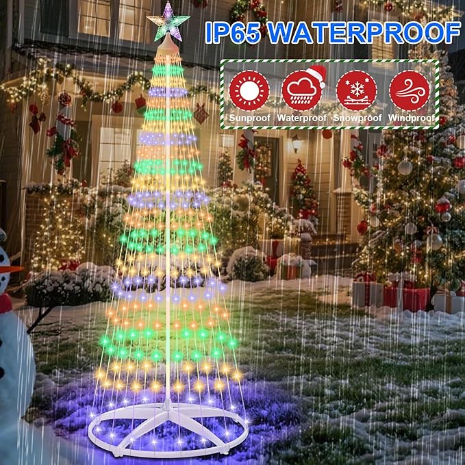7.5Ft 312 LED Solar Christmas Cone Tree Lights with Star Topper Outdoor Christmas Tree with 11 Modes Timer Remote Dimmable Waterproof for Yard Holiday Christmas Decoration Warm White &amp Multico