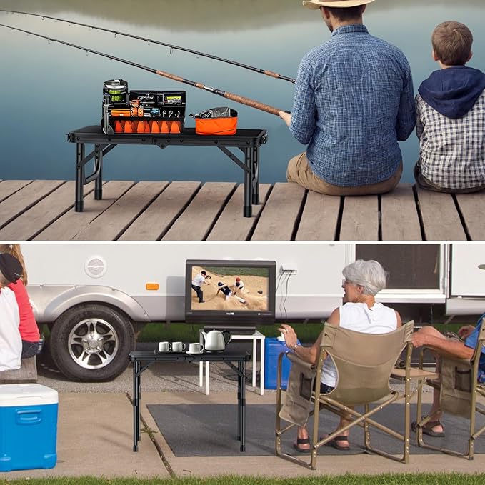 VINTEAM Camping Folding Table with Adjustable Height Lightweight Portable Outdoor Picnic Table BBQ Grill Side Table Durable Aluminum Frame MDF Desktop for Camping Fishing RV Beach (Black)