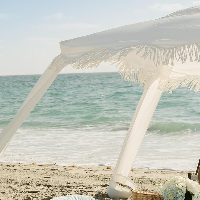 AMMSUN Beach Cabana with Beach Blanket 6.5' x 6.5' Boho Canopy with Tassels Premium Wood Pole Fringe Cabana Tent with Sand Pockets Instant Sun Shade for Sand Garden Outdoor Elegant White