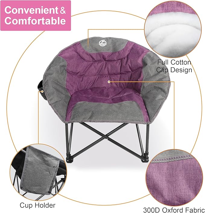 Northroad Compact Camping Moon Chair Outdoor Padded Folding Round Chair w/Cup Holder Supports up to 300 lbs for Beach Hiking Fishing Picnic LawnPurple