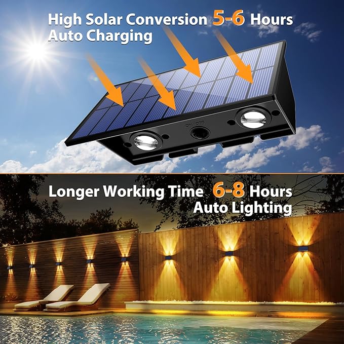 Solar Fence Lights6 Pack Solar Lights Outdoor Warm White+RGB Up &amp Down Waterproof 100 Lumens Dusk to Dawn for Wall/Backyard/Pool/Railing/Patio/Porch/Step