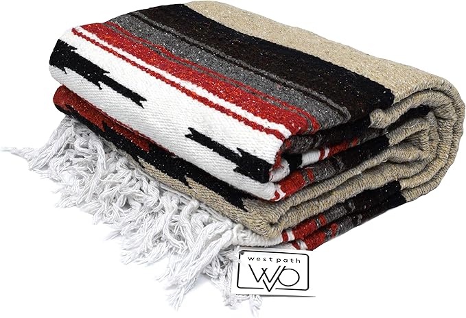 Open Road Goods Tan/Khaki Mexican Yoga Blanket - Thick Diamond Serape with Orange and Brown Stripes