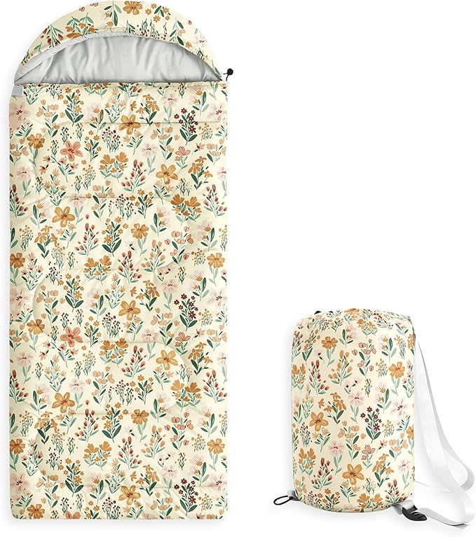 Wake In Cloud - Kids Sleeping Bag for Girls Toddlers Camping in Warm Cold Weather Backpacking Lightweight Compact Outdoor Liner for 3 Seasons Summer Spring Fall Flowers Orange Cream