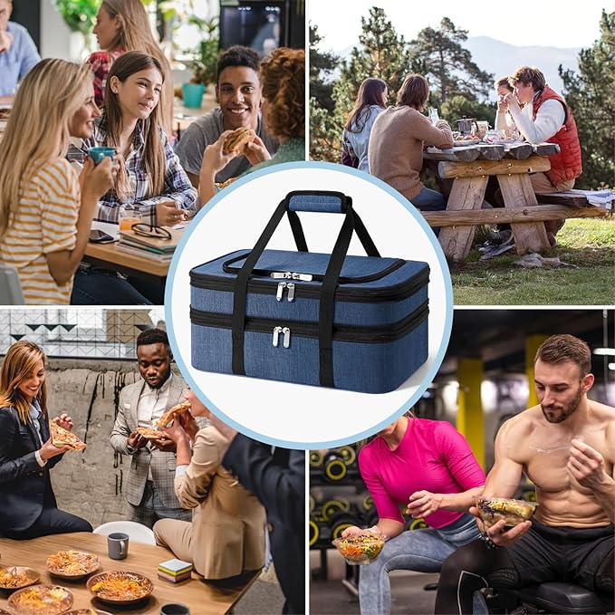 Insulated Double Casserole Carrier - Portable Casserole Carriers for Hot or Cold Food Lunch Tote Warmer or Cooler Bag for Potluck Parties Picnic Cookouts Fits 9 x 13 Baking Dish - Navy Blue