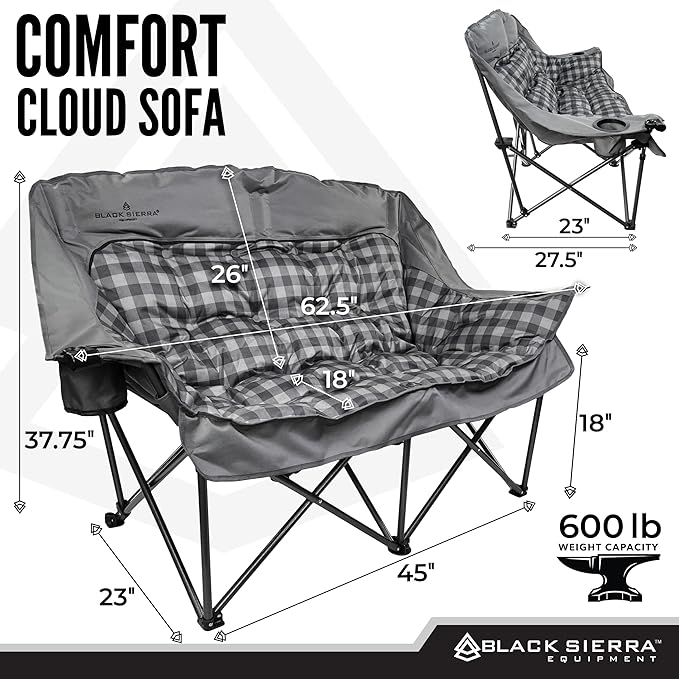 Black Sierra Double Camping Chair for Adults Oversized Folding Loveseat Supports 600 lbs Plush Padded Outdoor Couch with Cup Holders and Carry Bag for Beach Patio RV or Tailgating Events