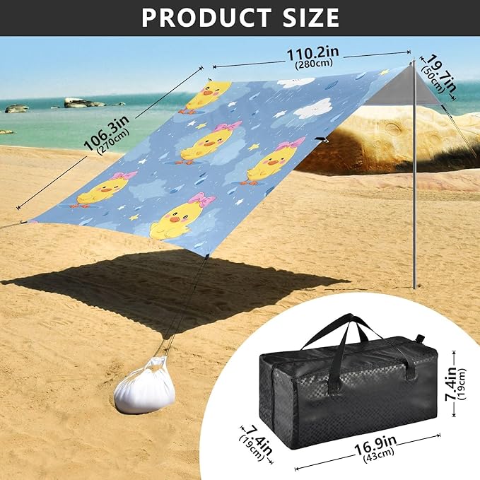 ALAZA Yellow Duck Rainy Beach Tent Sun Shelter UPF50+ Protection Beach Shade Canopy w/ 4 Sandbags for Outdoor Camping Fishing Backyard Fun Picnic 10x9 ft