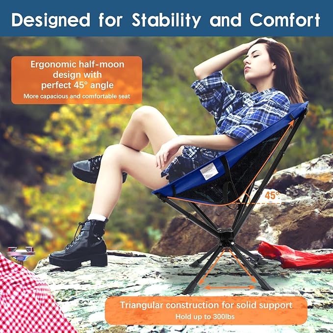 Portable Camping Chair 2 Pack 8 Seconds Quick Setup Folding Camping Chair Flexible 360° Rotation 3.8Lb Lightweight Travel Chairs for Easy Carry to Hiking Sporting Beach Blue