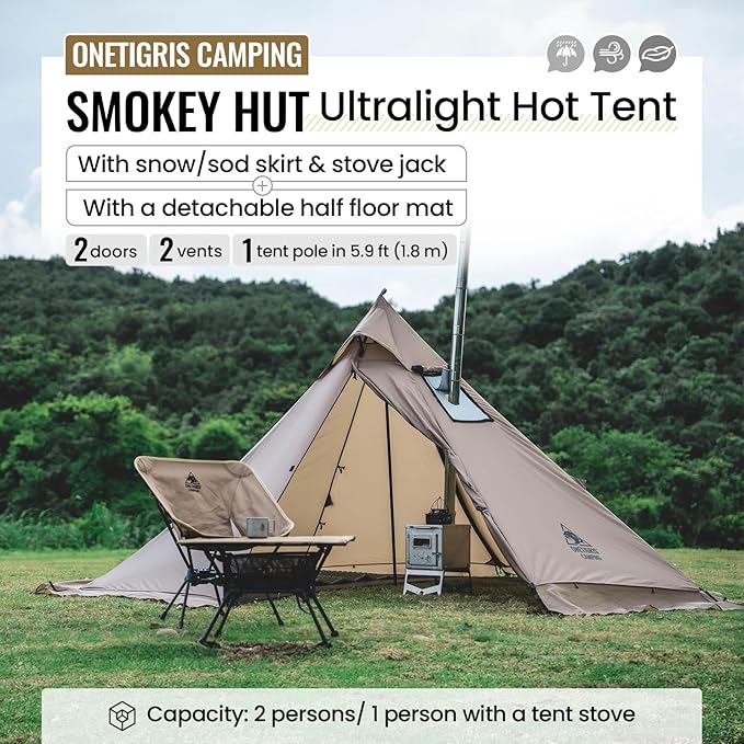OneTigris Smokey HUT Hot Tent with Stove Jack Ultralight 4 Season Tipi Tent with Snow Skirt &amp Detachable Floor for Camping Hiking Bushcraft Backpacking