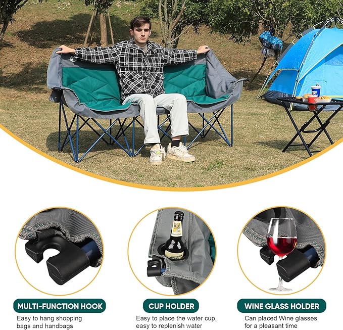 Northroad 3 Person Camping Chair Oversized 900 Lbs Outdoor Lawn Loveseat Chair Padded Folding Chairs for Adults Heavy Duty Soccer Chair w/Cup &amp Wine Glass Holder for Outside Picnic Beach Sports