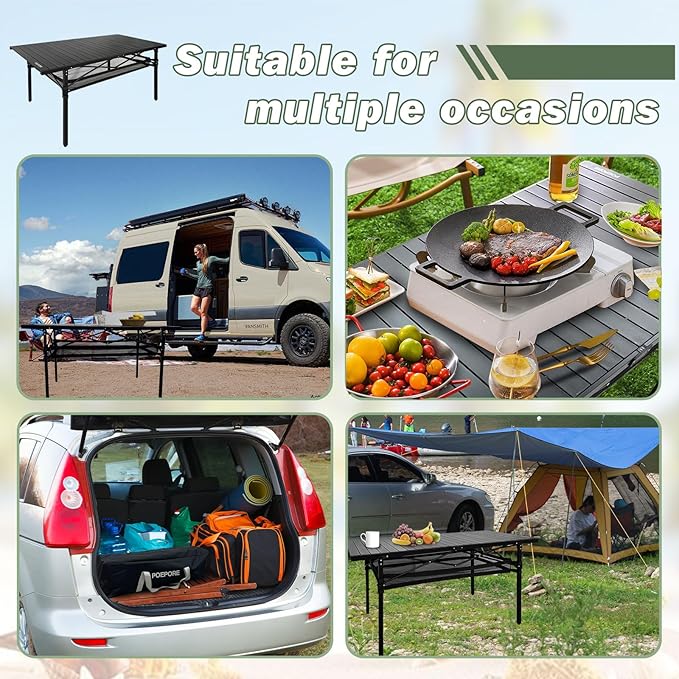Large Folding Camping Table Aluminum with Storage for 4-6 People 55X27.5 Roll Up Tall Outdoor Portable Table Lightweight with Carry Bag for Picnic BBQ Backyard Beach