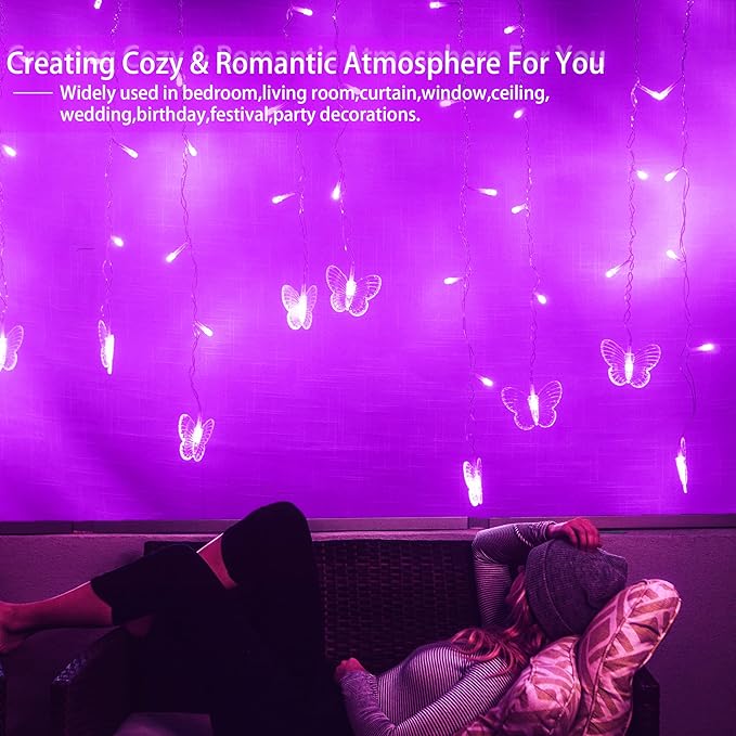 Purple Butterfly Curtain Fairy Lights USB Plug in120 LED 8 Modes 20FT Firefly Twinkle Icicle String Lights with Remote Timer Waterproof for Halloween Bedroom Christmas Wedding Party Dorm