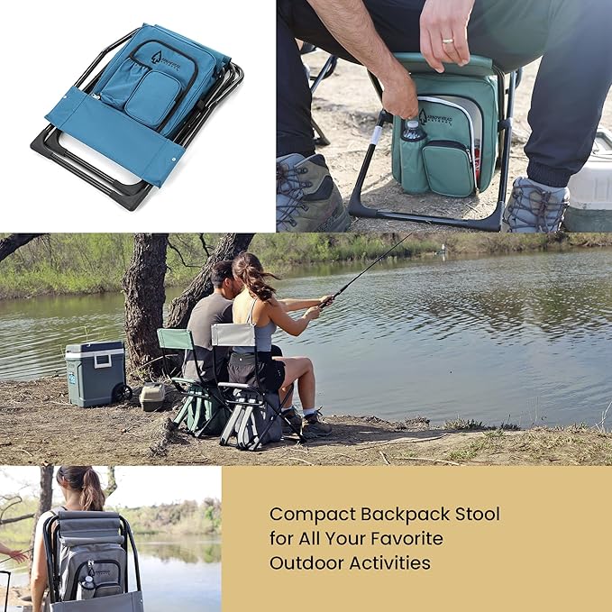 Arrowhead Outdoor Multi-Function 3-in-1 Compact Camp Chair: Backpack Stool &amp Insulated Cooler w/Bottle Holder &amp Storage Bag External Pockets Backrest Fishing Hiking Heavy-Duty USA-Base