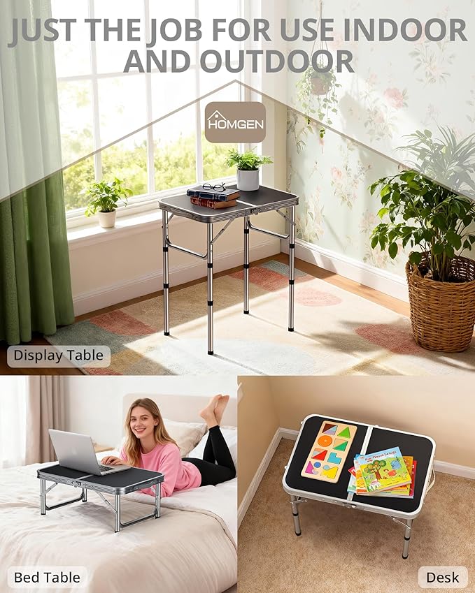 HOMGEN Portable Small Folding Table-3 Heights Adjustable [30/20/10] Inch Foldable Camping Table-Durable Load-Bearing Up to 66lbs Aluminum Foldable Picnic Table-23'' L x 16'' W Size-for Home/RV/Outdoor