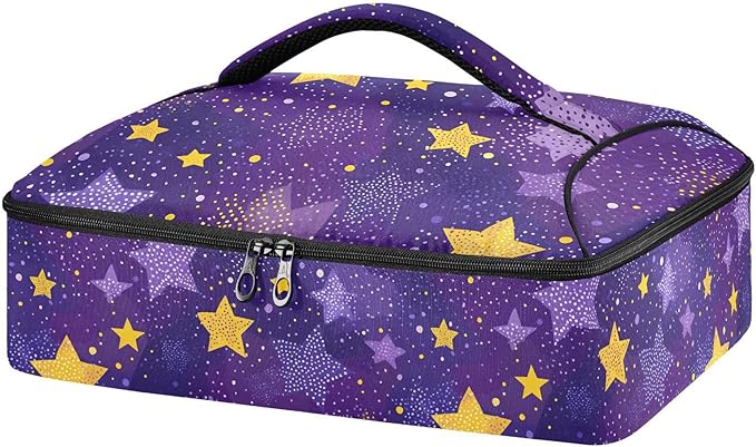 Casserole Carrier Stars Purple and Yellow PrintInsulated Casserole Carrier for Hot or Cold Food Thermal Lunch Tote for Potluck Parties Picnic Beach Fits 9 x 13 Inches Baking Dish