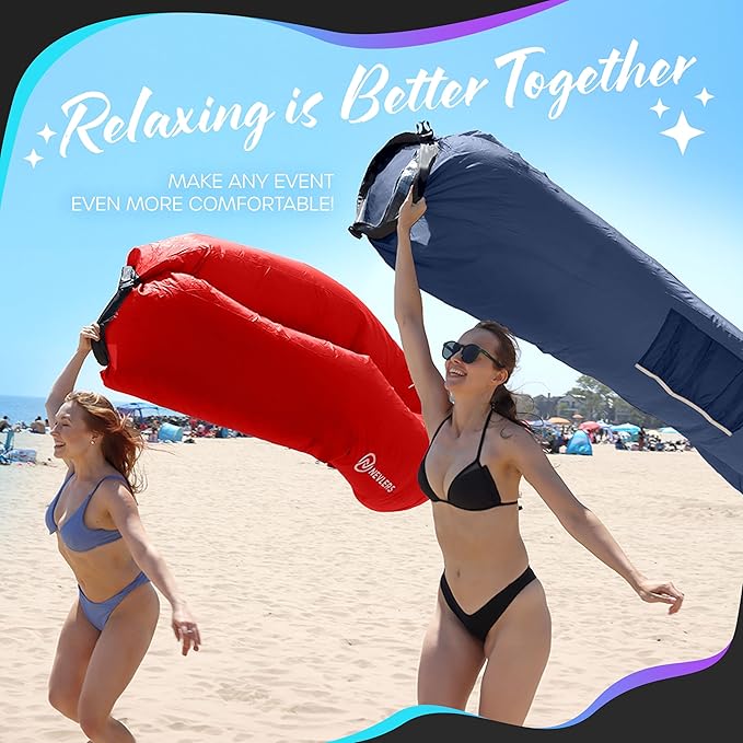 Nevlers Navy &amp Red Inflatable Lounger 2 Pack | 210T Polyester Inflatable Couch | No-Pump Blow Up Chair Set| Inflatable Sofa w/ 450lbs Capacity Pockets &amp Matching Bag for Use as Festival Acces