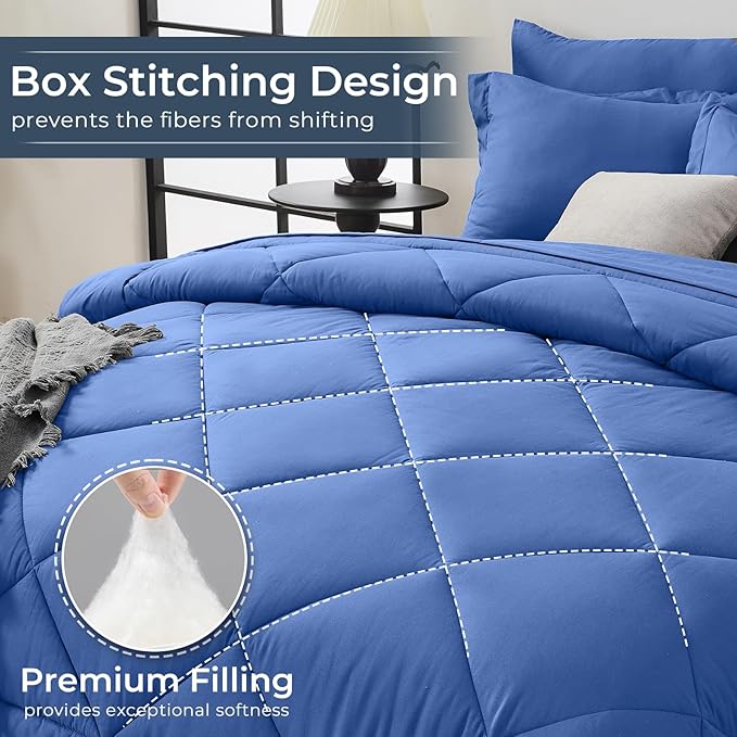 HEVUMYI Royal Blue Queen Comforter Set - 7-Piece All Season Bed in a Bag Queen Ultra Soft Bedding Set with Comforter Flat Sheet Fitted Sheet Pillowcases Pillow Shams