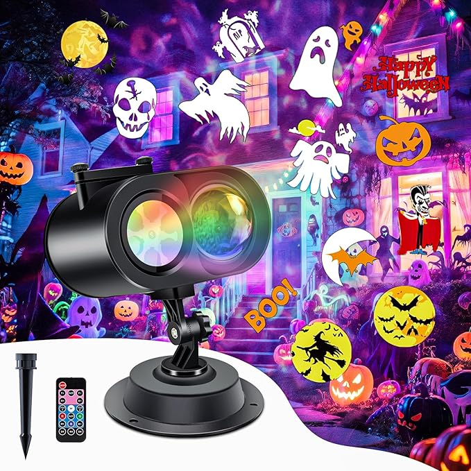 Holiday Projector Lights Outdoor 2-in-1 HD Moving Pattern Holiday Projector Lights with Remote Control (12 Slides 15 Colors) Three Fixing Methods IP65 Waterproof Atmosphere Decoration with Timer
