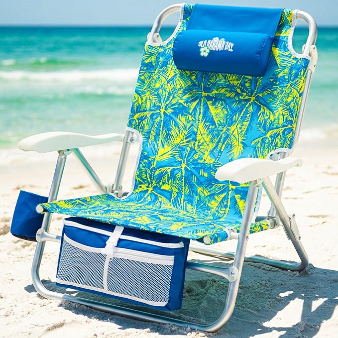 Old Bahama Bay Beach Chairs for Adults 7-Position Classic Lay Flat Beach Chair Reclining Beach Chair Portable Aluminum Backpack Beach Chair with Towel Bar &amp Cooler Bag