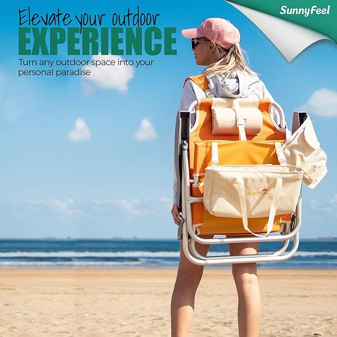 SUNNYFEEL Low Beach Chair 5 Position Lay Flat Portable Folding Backpack Beach Chairs Heavy Duty with Cooler Bag Cup Holder for Outdoor/Lawn/Trip/Picnic/Fishing Foldable Camping Chair
