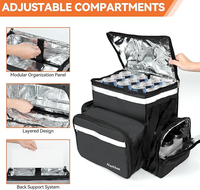 Food Delivery Backpack with 4 Expandable Cup HoldersInsulated Food Delivery Bags for Takeout Bike Expandable Large Pizza Takeout Bag for Hot/Cold Fits for Uber EatCamping (500D tarpaulin)