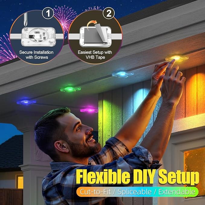 100ft Permanent Outdoor Lights RGB+IC IP67 Waterproof Smart LED Lights with App/Remote for Daily Christmas New Year Halloween Holiday Party Decor Valentine's Day Christmas Lights Outdoor