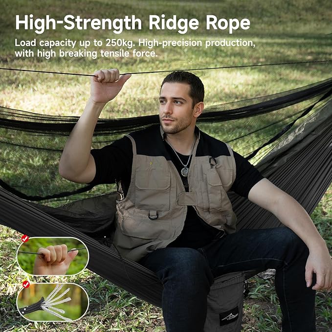 Camping Hammock with Mosquito Net and Ridge Rope Extra Large for 2 Person Lightweight Hanging Hammocks Tree Straps All-in-one Fast Open Hammock for Outside Hiking and Travel