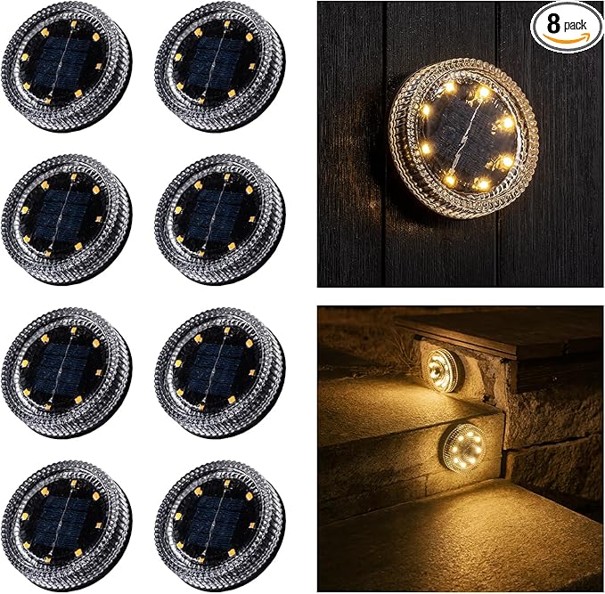Glass Solar Step Lights with Wave Style Modular-Design Waterproof Outdoor Fence Lights for Stairs Step Yard Patio Garden Wall Pathway Decorative Patio Table Lighting Warm White (8 Pack)