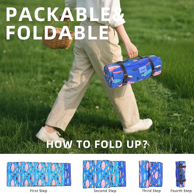 60x80” Double Thickened Picnic Blankets(150g High Density Cotton Stuffed) Blue Fish Pattern Outdoor Picnic Mat Portable Picnic Blanket Foldable with Leather Carry Strap Beach Blanket