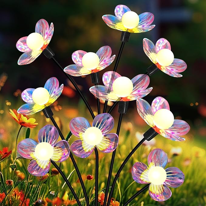 Solar Garden Lights Outdoor New Upgraded 4-Pack Firefly Solar Lights with Iridescent Petals &amp Warm White Glow - Waterproof Wind-Swaying Decor for Yard Patio