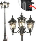 VIANIS Outdoor Lamp Post Light with Outlet Dusk to Dawn Black Light Lamp Posts for Outside with 3 Head Waterproof Post Lights Outdoor for House Doorway Driveway Anti-Rust